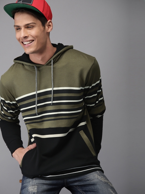 

HERE&NOW Men Olive Green & Black Striped Hooded Sweatshirt