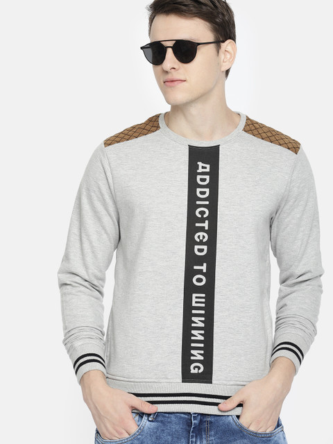 

HERE&NOW Men Grey Melange Printed Sweatshirt