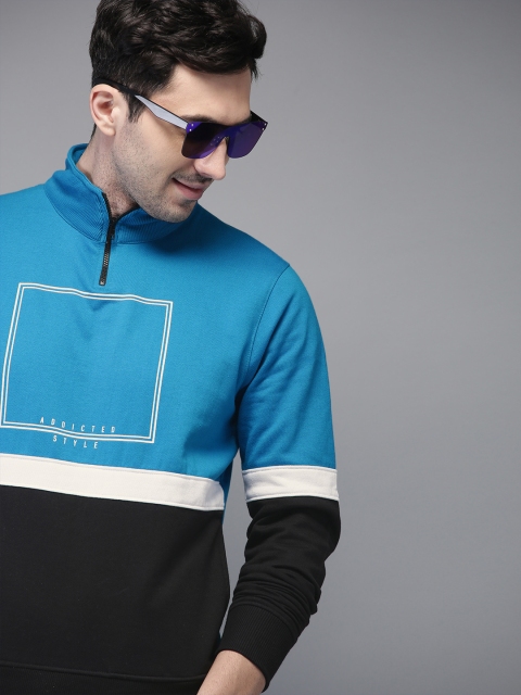 

HERE&NOW Men Blue & Black Colourblocked Sweatshirt