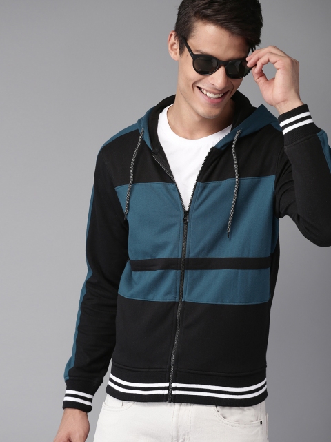 

HERE&NOW Men Black & Teal Green Colourblocked Hooded Sweatshirt