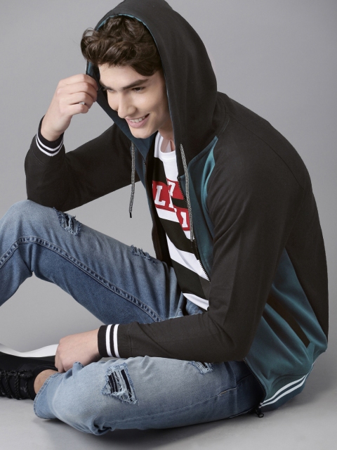 

HERE&NOW Men Teal Solid Hooded Front-Open Sweatshirt