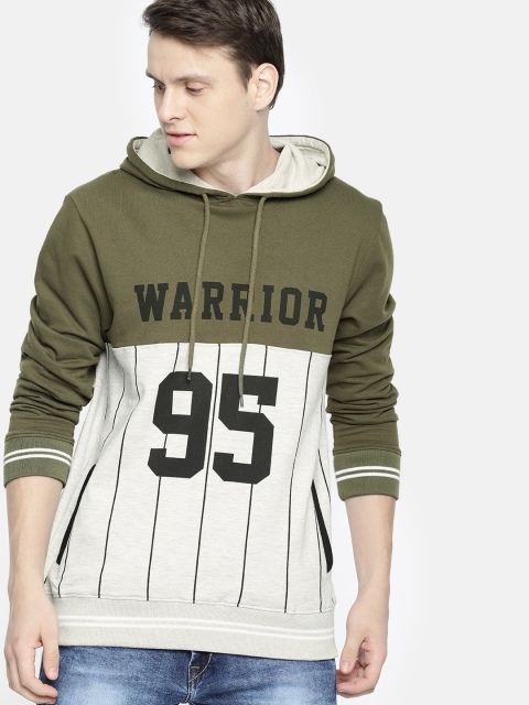 

HERE&NOW Men Off-White & Olive Green Printed Hooded Sweatshirt