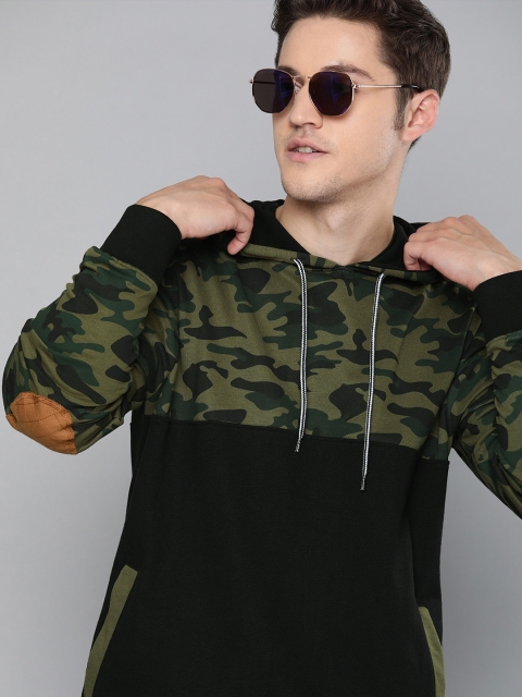 

HERE&NOW Men Olive Green & Black Printed Hooded Sweatshirt