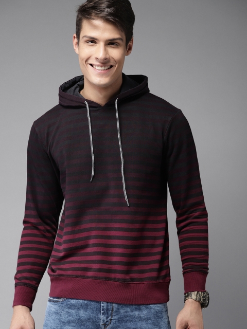 

HERE&NOW Men Burgundy & Black Striped Hooded Sweatshirt