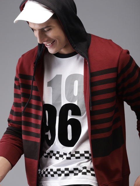 

HERE&NOW Men Maroon & Black Striped Hooded Sweatshirt