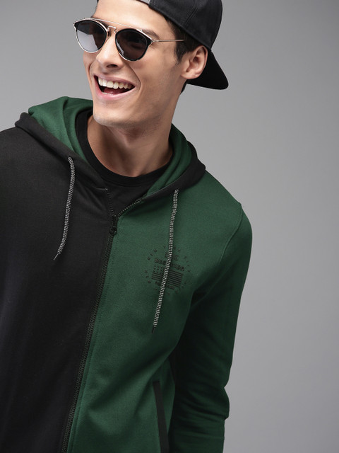 

HERE&NOW Men Olive Green & Black Colourblocked Hooded Sweatshirt