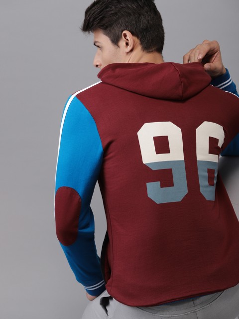 

HERE&NOW Men Maroon & Blue Colourblocked Hooded Sweatshirt