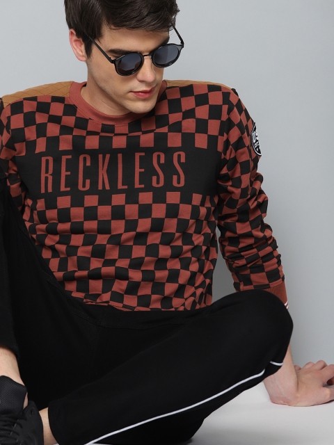 

HERE&NOW Men Rust Brown & Black Checked Sweatshirt