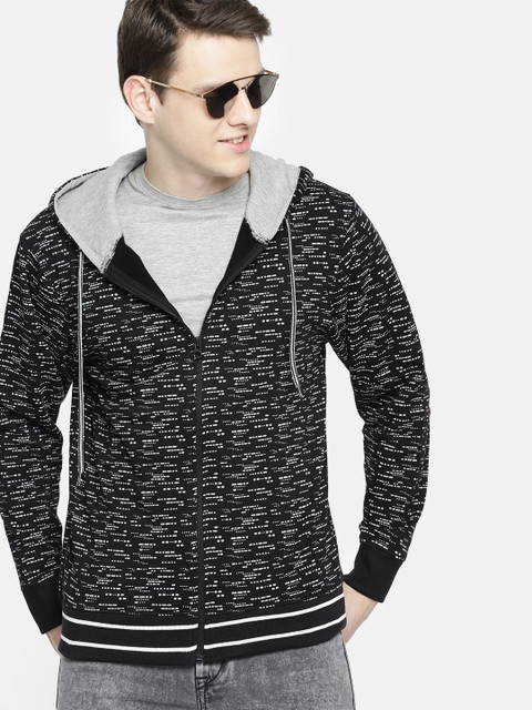 

HERE&NOW Men Black & Grey Printed Hooded Sweatshirt