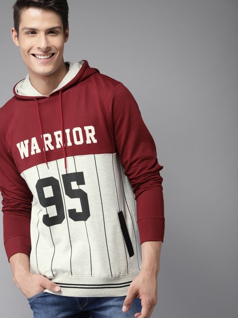 

HERE&NOW Men Maroon & Grey Melange Printed Hooded Sweatshirt