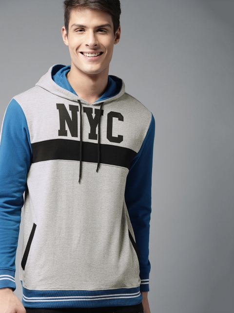 

HERE&NOW Men Grey & Blue Printed Hooded Sweatshirt