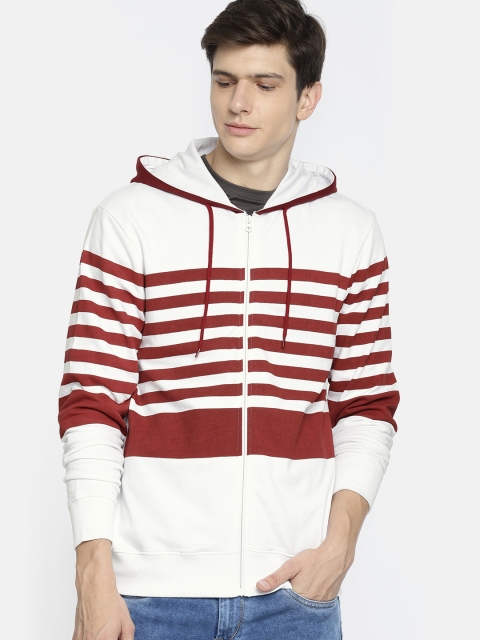 

HERE&NOW Men White & Maroon Striped Hooded Sweatshirt