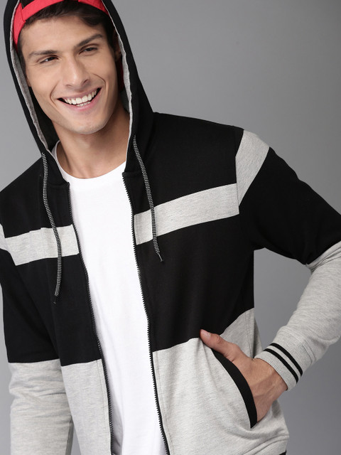 

HERE&NOW Men Grey Melange & Black Colourblocked Hooded Sweatshirt