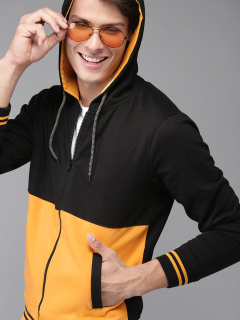 

HERE&NOW Men Black & Yellow Colourblocked Hooded Sweatshirt