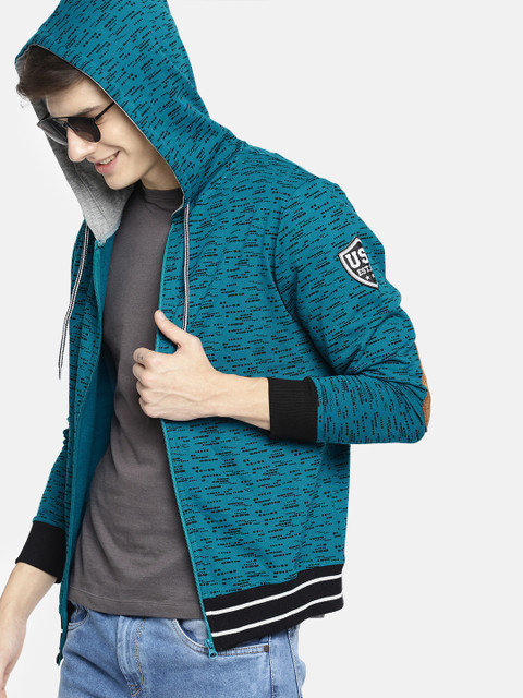 

HERE&NOW Men Teal Blue & Black Printed Hooded Sweatshirt