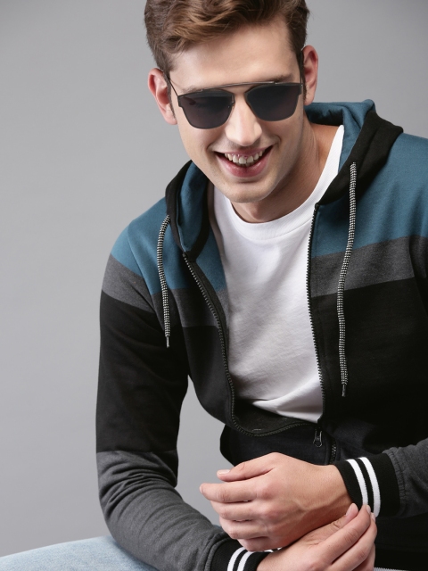 

HERE&NOW Men Teal Blue & Grey Colourblocked Hooded Sweatshirt