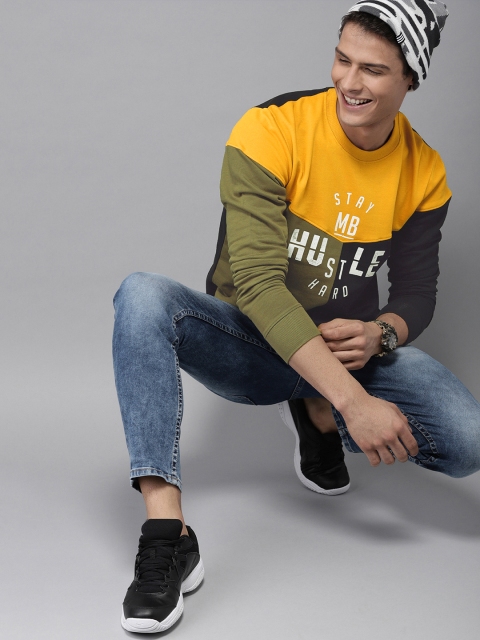 

HERE&NOW Men Mustard Yellow & Olive Green Colourblocked Sweatshirt