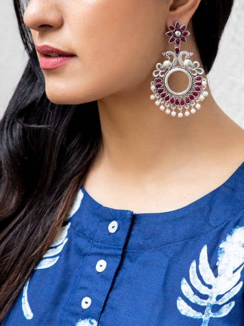 

Rubans Silver-Toned & Red Handcrafted Floral Drop Earrings