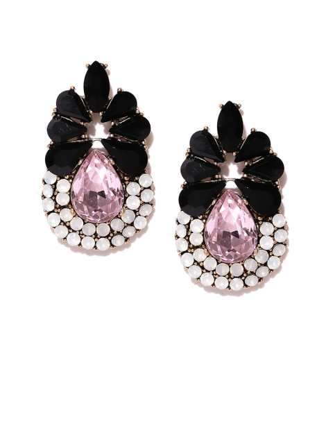 

OOMPH Gold-Toned & Black Floral Handcrafted Crytsal Studded Drop Earrings