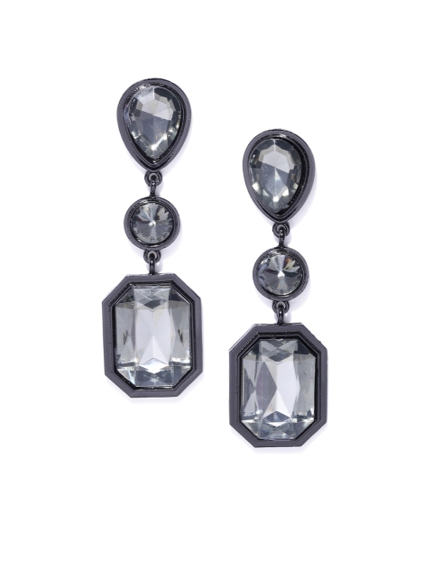 

OOMPH Black Geometric Handcrafted Crytsal Studded Drop Earrings