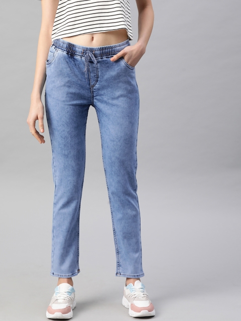 

HERE&NOW Women Blue Jogger Mid-Rise Clean Look Stretchable Cropped Jeans