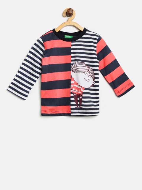 

United Colors of Benetton Boys Navy Blue & Coral Pink Striped Round Neck T-shirt