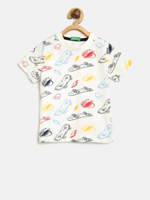 

United Colors of Benetton Boys White & Blue Printed Round Neck T-shirt