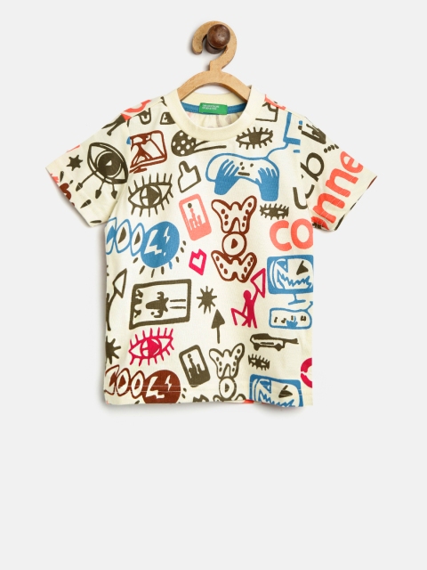 

United Colors of Benetton Boys Off-White & Red Printed Round Neck T-shirt