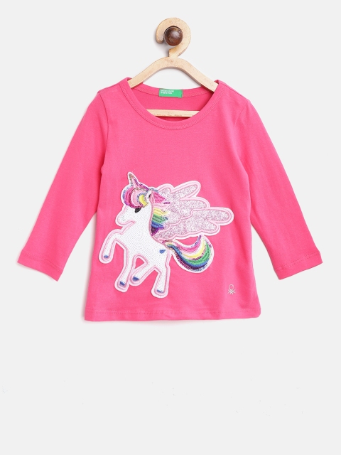 

United Colors of Benetton Girls Pink & White Applique Round Neck T-shirt