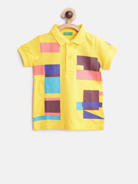 

United Colors of Benetton Boys Yellow & Coral Pink Printed Polo Collar T-shirt