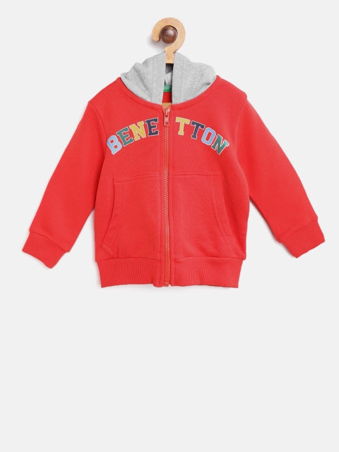 

United Colors of Benetton Boys Red & Grey Melange Printed Detail Hooded Sweatshirt