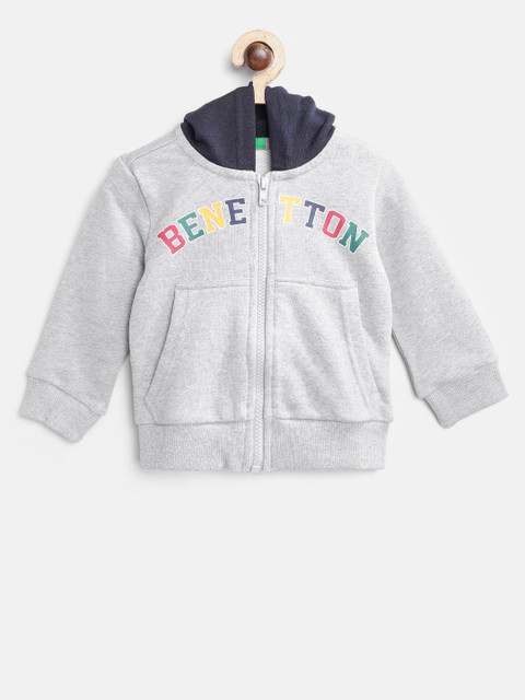 

United Colors of Benetton Boys Grey Melange & Navy Blue Printed Detail Hooded Sweatshirt