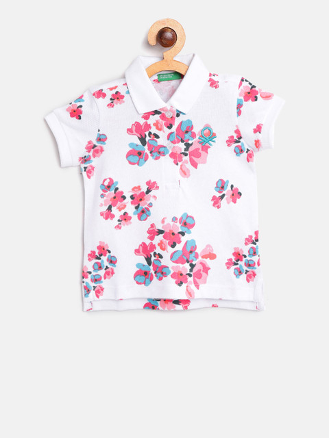 

United Colors of Benetton Girls White & Pink Printed Polo Collar T-shirt