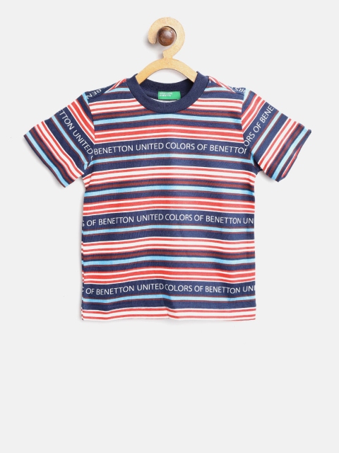 

United Colors of Benetton Boys Navy & Red Striped Round Neck T-shirt, Navy blue