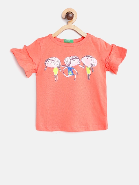 

United Colors of Benetton Girls Coral Orange Printed Top