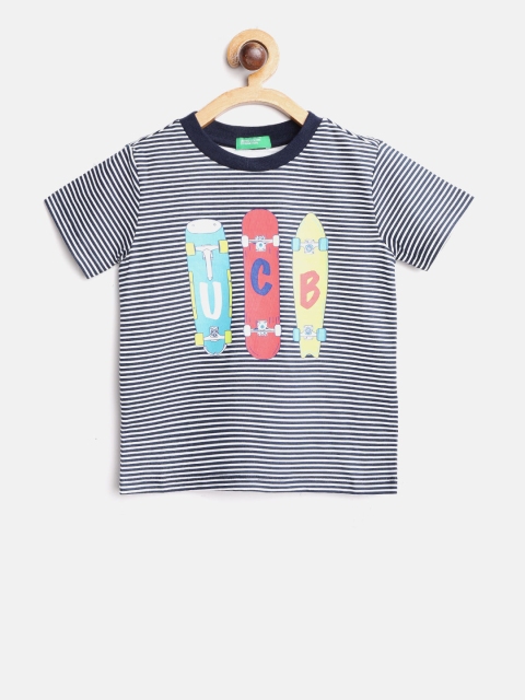 

United Colors of Benetton Boys Navy & White Striped Round Neck T-shirt, Navy blue