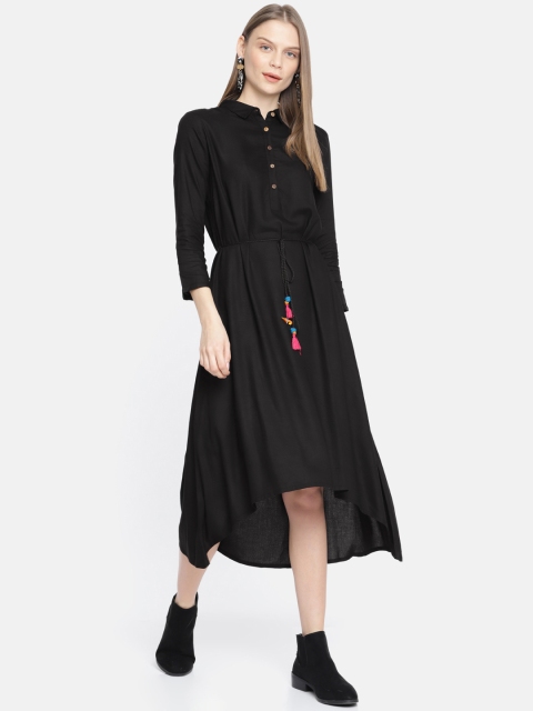 

Global Desi Women Solid Black A-Line High-Low Dress