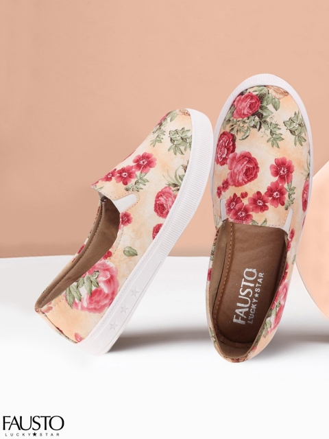 

FAUSTO Women Cream-Coloured & Red Printed Lightweight Slip-On Sneakers