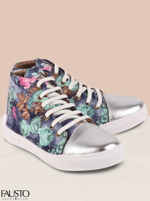 

FAUSTO Women Blue Printed Canvas Lightweight Mid-Top Sneakers
