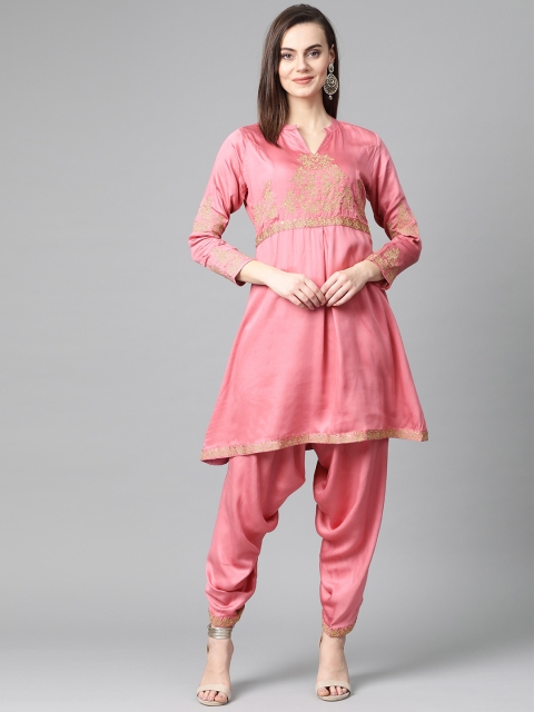 

Moda Rapido Women Pink & Golden Yoke Design Kurta with Dhoti Pants