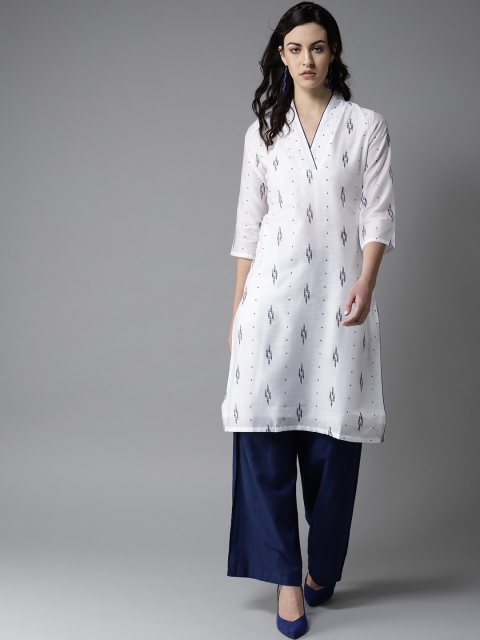 

Moda Rapido Women White & Navy Blue Printed Straight Kurta