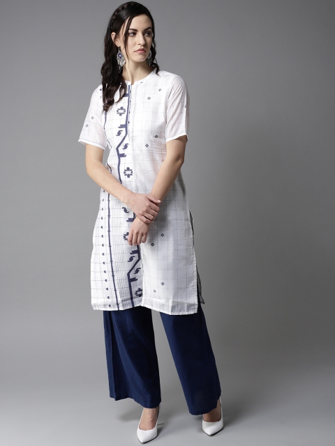 

Moda Rapido Women White & Navy Blue Checked Straight Kurta