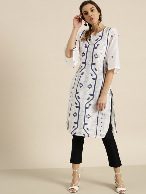 

Moda Rapido Women White & Navy Blue Printed Straight Kurta