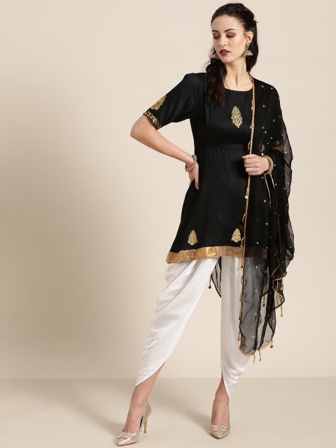 

Moda Rapido Women Black & White Embroidered Kurta with Dhoti Pants & Dupatta