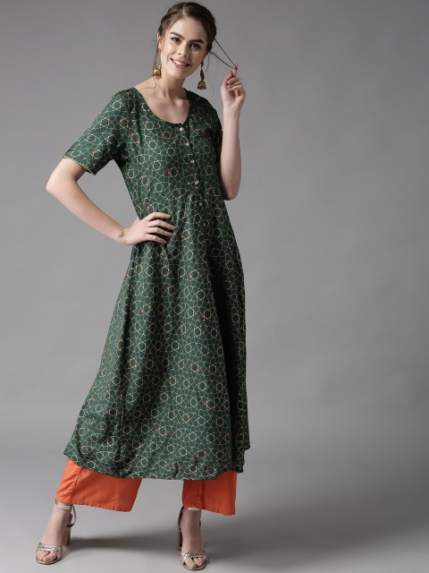 

HERE&NOW Women Green & Golden Printed A-Line Kurta