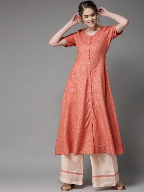 

HERE&NOW Women Orange & Golden Printed A-Line Kurta