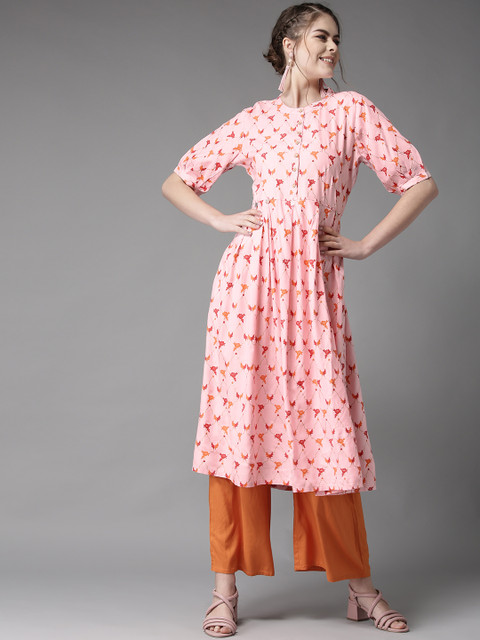 

HERE&NOW Women Pink & Red Printed A-Line Kurta