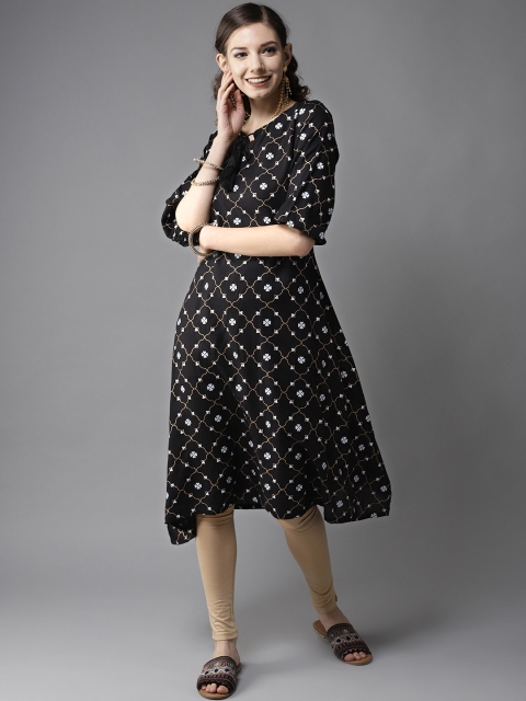 

HERE&NOW Women Black & White Floral Print A-Line Asymmetric Kurta