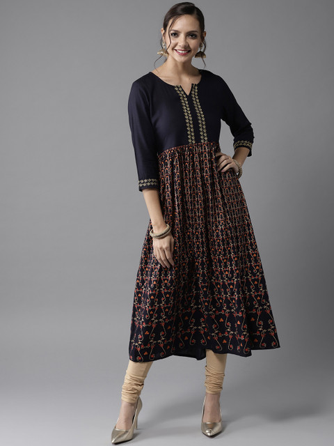 

HERE&NOW Women Navy Blue & Golden Printed A-Line Kurta