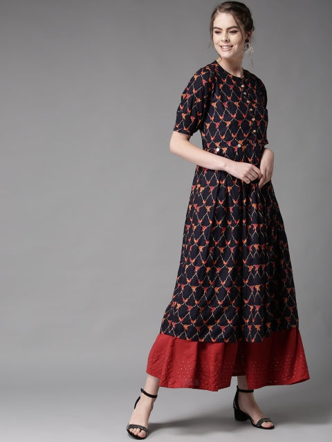 

HERE&NOW Women Navy Blue & Orange Printed A-Line Kurta